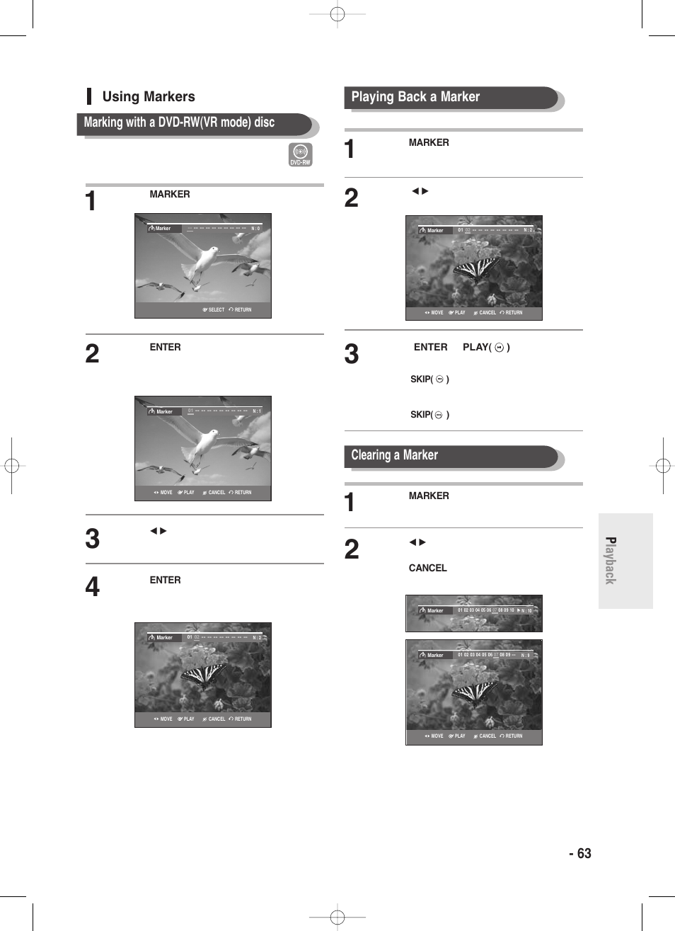 Using markers, English - 63 p layback playing back a marker, Clearing a marker using markers | Marking with a dvd-rw(vr mode) disc | Samsung DVD-R130-XAA User Manual | Page 63 / 98
