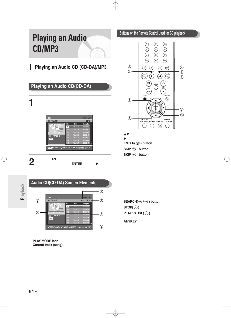 Playing an audio cd/mp3, Playing an audio cd (cd-da)/mp3, Buttons on the remote control used for cd playback | Samsung DVD-R130-XAA User Manual | Page 64 / 98