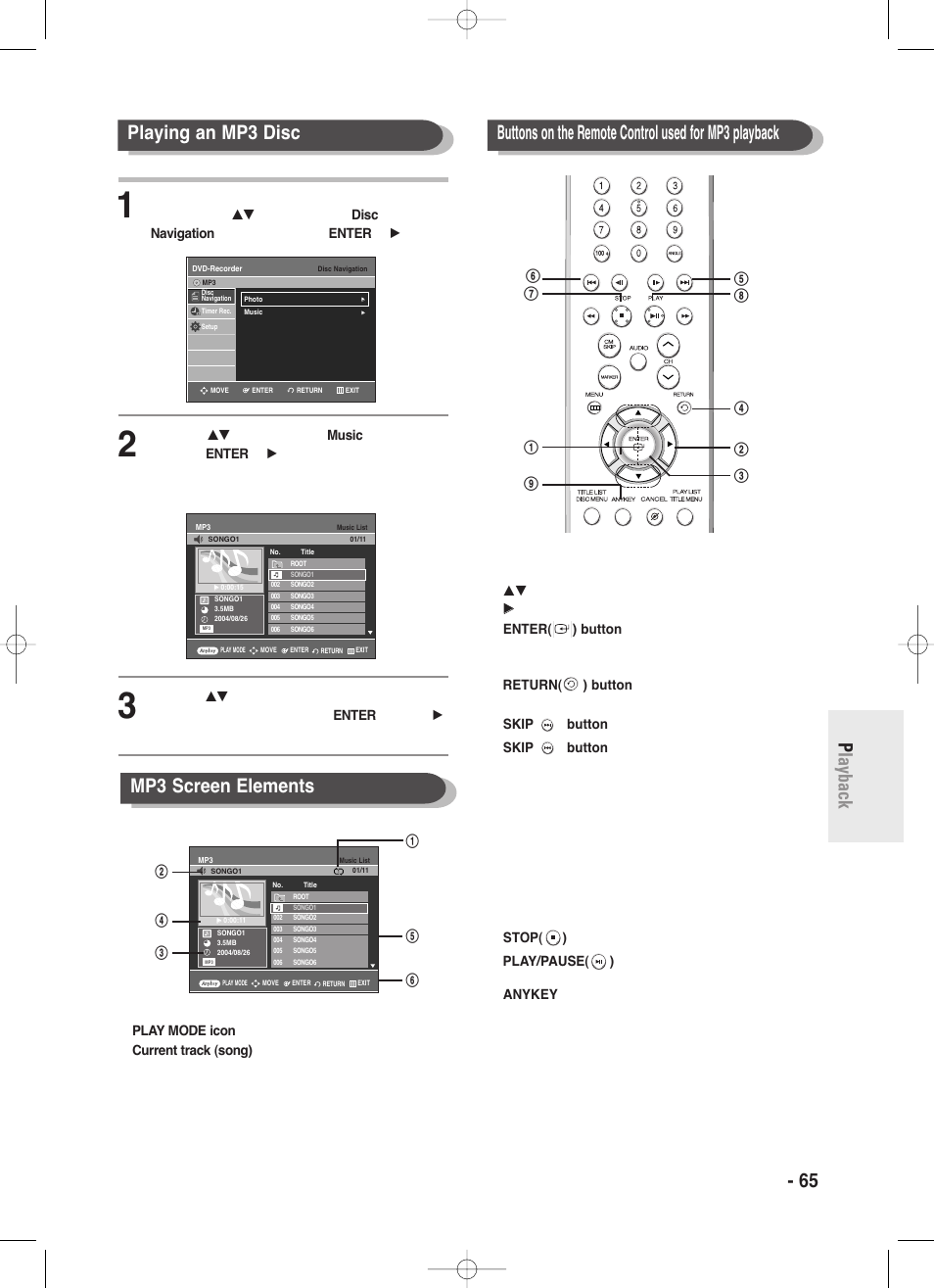 English - 65 p layback, Playing an mp3 disc mp3 screen elements | Samsung DVD-R130-XAA User Manual | Page 65 / 98