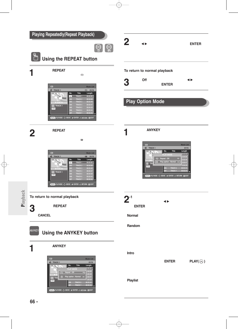 66 - english p layback play option mode, Using the repeat button, Using the anykey button | Playing repeatedly(repeat playback), Press the repeat button during playback, Select off in play mode window using, Buttons, and then press the enter button | Samsung DVD-R130-XAA User Manual | Page 66 / 98