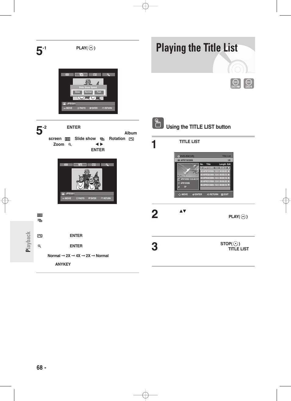 Playing the title list, 68 - english p layback, Using the title list button | Samsung DVD-R130-XAA User Manual | Page 68 / 98