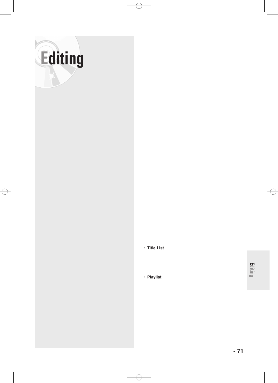 Editing | Samsung DVD-R130-XAA User Manual | Page 71 / 98