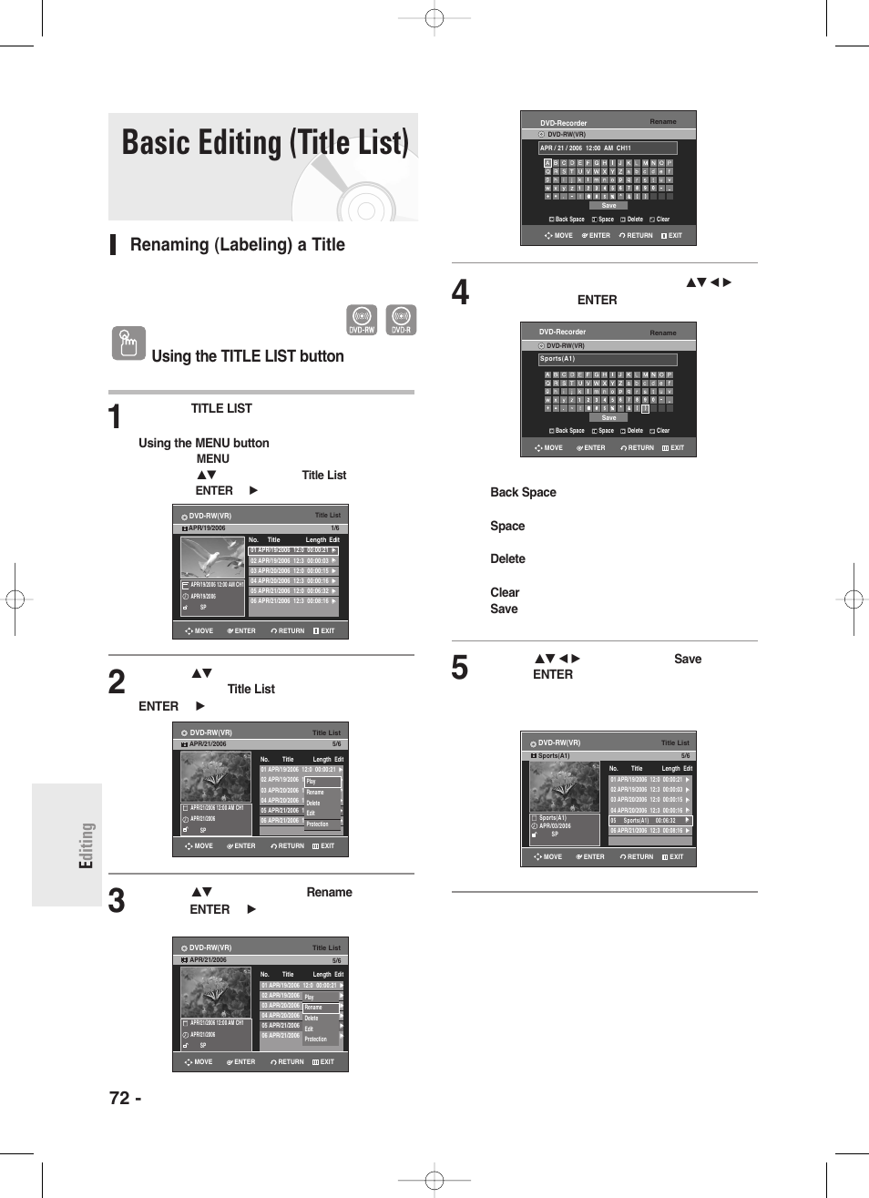 Basic editing (title list), Renaming (labeling)a title, 72 - english e diting | Renaming (labeling) a title, Using the title list button | Samsung DVD-R130-XAA User Manual | Page 72 / 98