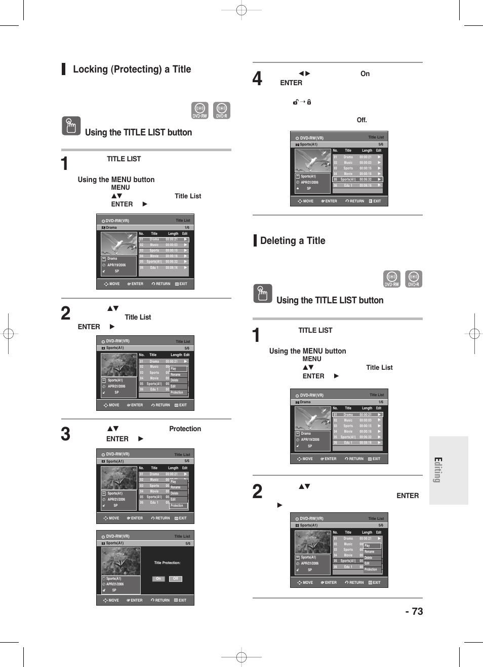 Locking (protecting)a title, Deleting a title, English - 73 e diting locking (protecting) a title | Using the title list button, Using the menu button, Press the title list button, The title list screen is displayed | Samsung DVD-R130-XAA User Manual | Page 73 / 98