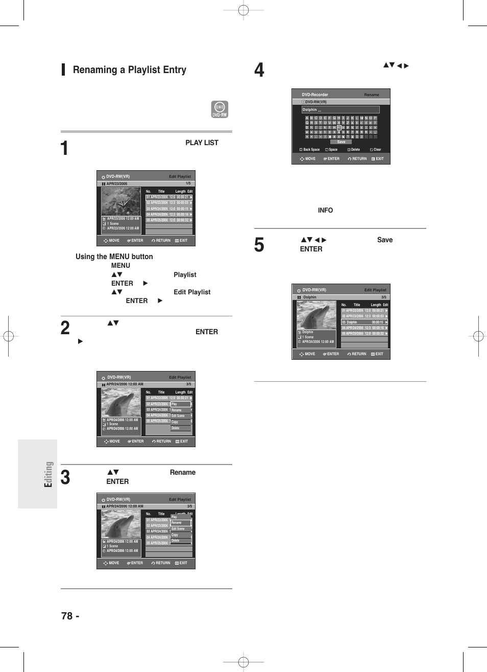 Renaming a playlist entry, 78 - english e diting, Using the menu button | Vr mode) | Samsung DVD-R130-XAA User Manual | Page 78 / 98