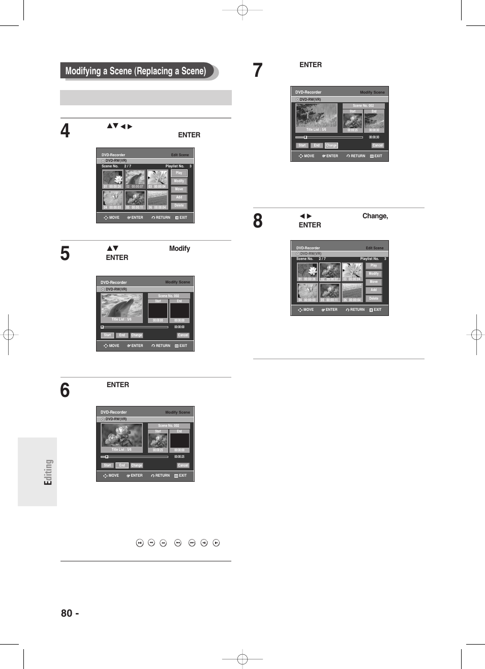 80 - english e diting, Modifying a scene (replacing a scene) | Samsung DVD-R130-XAA User Manual | Page 80 / 98