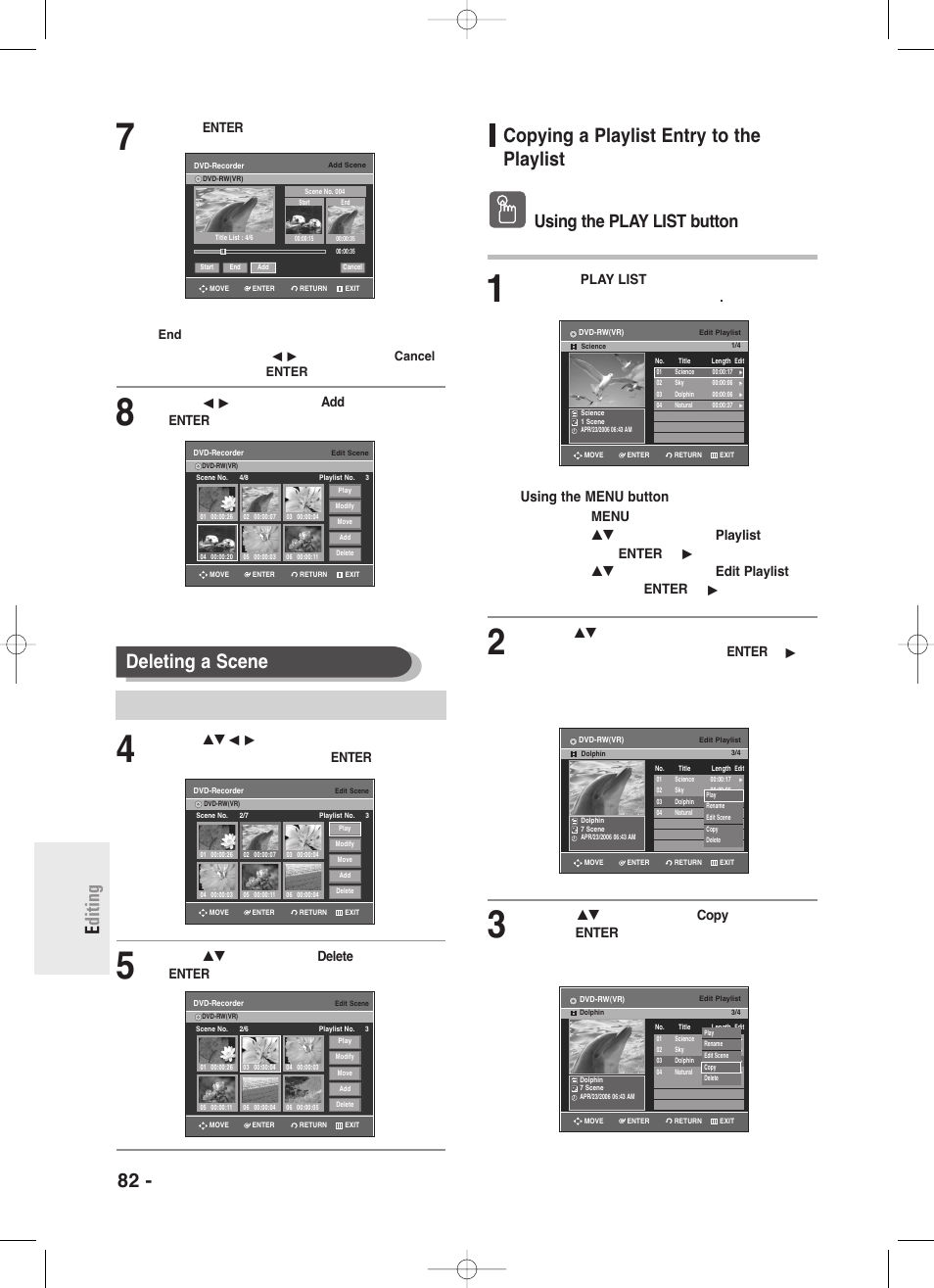 Copying a playlist entry to the playlist, 82 - english e diting, Deleting a scene | Using the play list button, Using the menu button, Press the play list button | Samsung DVD-R130-XAA User Manual | Page 82 / 98