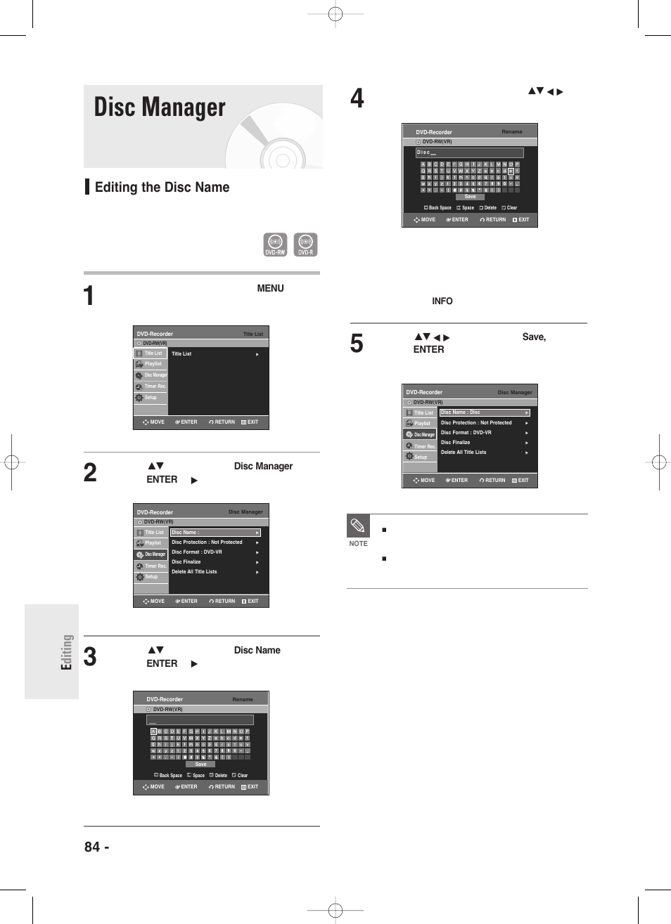 Disc manager, Editing the disc name, 84 - english e diting | Follow these instructions to give a name to a disc | Samsung DVD-R130-XAA User Manual | Page 84 / 98