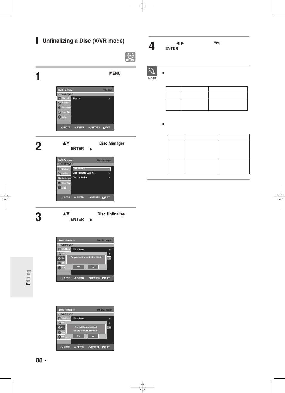 Unfinalizing a disc (v/vr mode) | Samsung DVD-R130-XAA User Manual | Page 88 / 98
