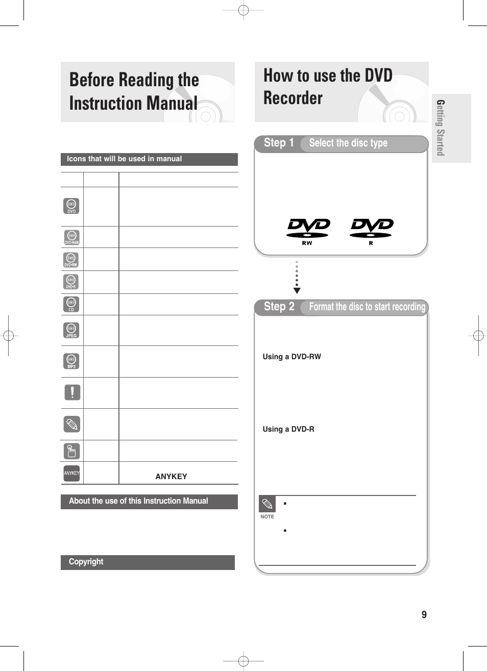 Before reading the instruction manual, How to use the dvd recorder, Step 1 | Step 2, Select the disc type, Format the disc to start recording, Getting started english - 9 | Samsung DVD-R130-XAA User Manual | Page 9 / 98