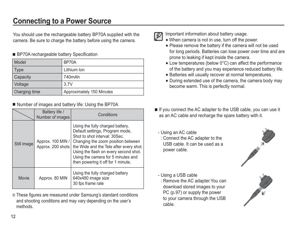 Connecting to a power source | Samsung EC-TL105ZBPBUS User Manual | Page 13 / 106