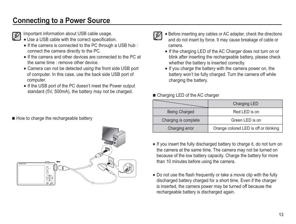 Connecting to a power source | Samsung EC-TL105ZBPBUS User Manual | Page 14 / 106