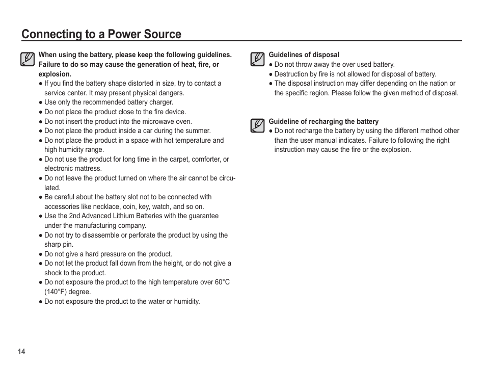 Connecting to a power source | Samsung EC-TL105ZBPBUS User Manual | Page 15 / 106