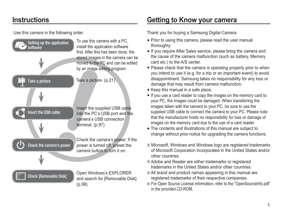 Getting to know your camera, Instructions | Samsung EC-TL105ZBPBUS User Manual | Page 2 / 106