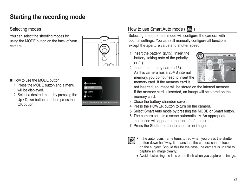 Starting the recording mode, Selecting modes, How to use smart auto mode ( ) | Samsung EC-TL105ZBPBUS User Manual | Page 22 / 106
