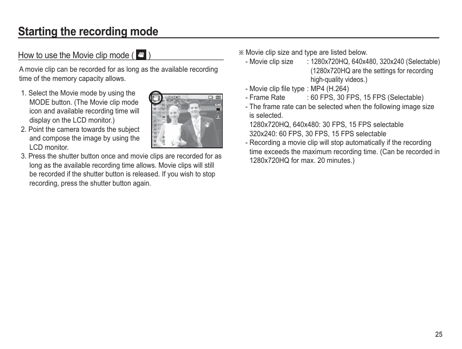 Starting the recording mode | Samsung EC-TL105ZBPBUS User Manual | Page 26 / 106