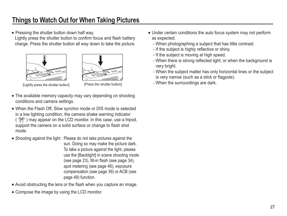 Things to watch out for when taking pictures | Samsung EC-TL105ZBPBUS User Manual | Page 28 / 106