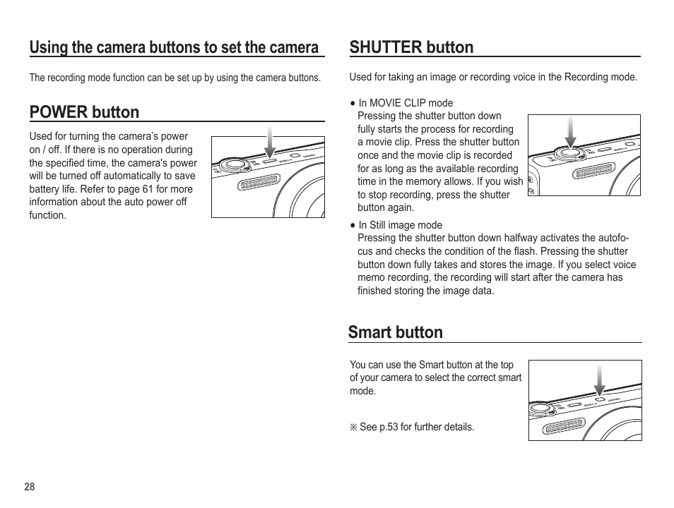 Using the camera buttons to set the camera, Power button, Shutter button | Smart button | Samsung EC-TL105ZBPBUS User Manual | Page 29 / 106