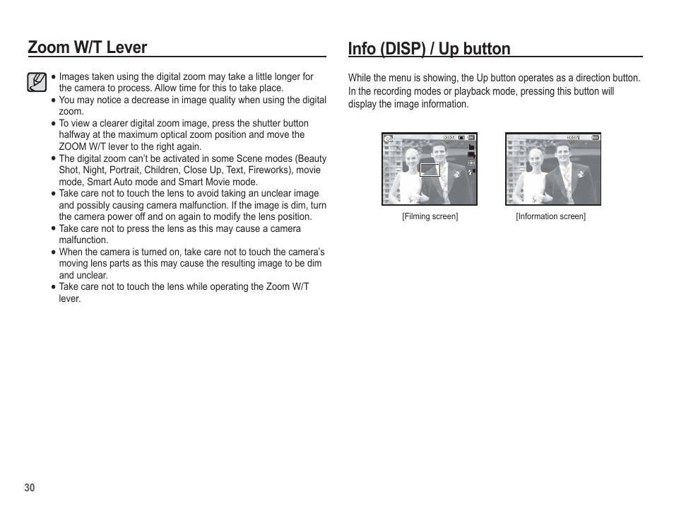 Info (disp) / up button, Zoom w/t lever | Samsung EC-TL105ZBPBUS User Manual | Page 31 / 106