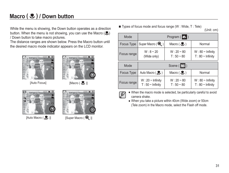Macro ( ) / down button | Samsung EC-TL105ZBPBUS User Manual | Page 32 / 106