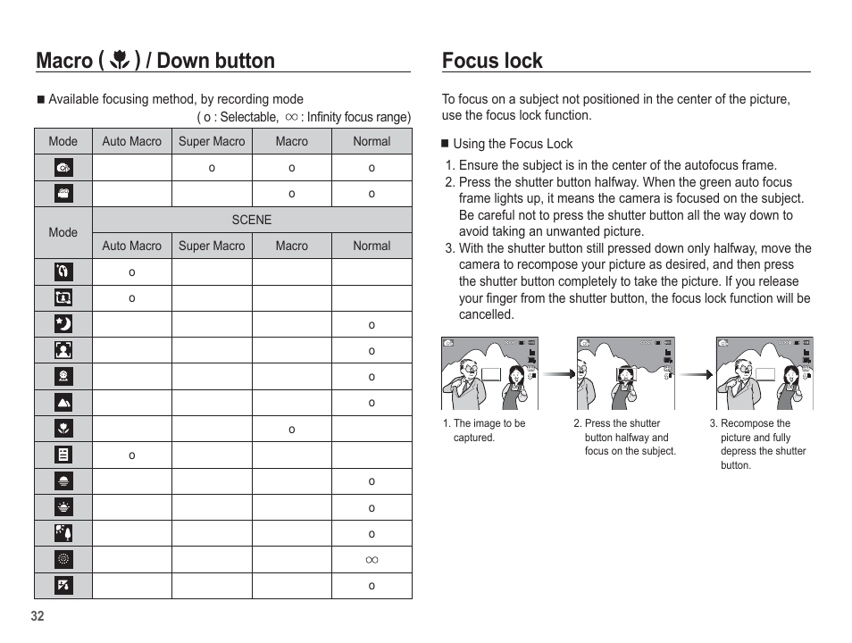 Macro ( ) / down button focus lock | Samsung EC-TL105ZBPBUS User Manual | Page 33 / 106