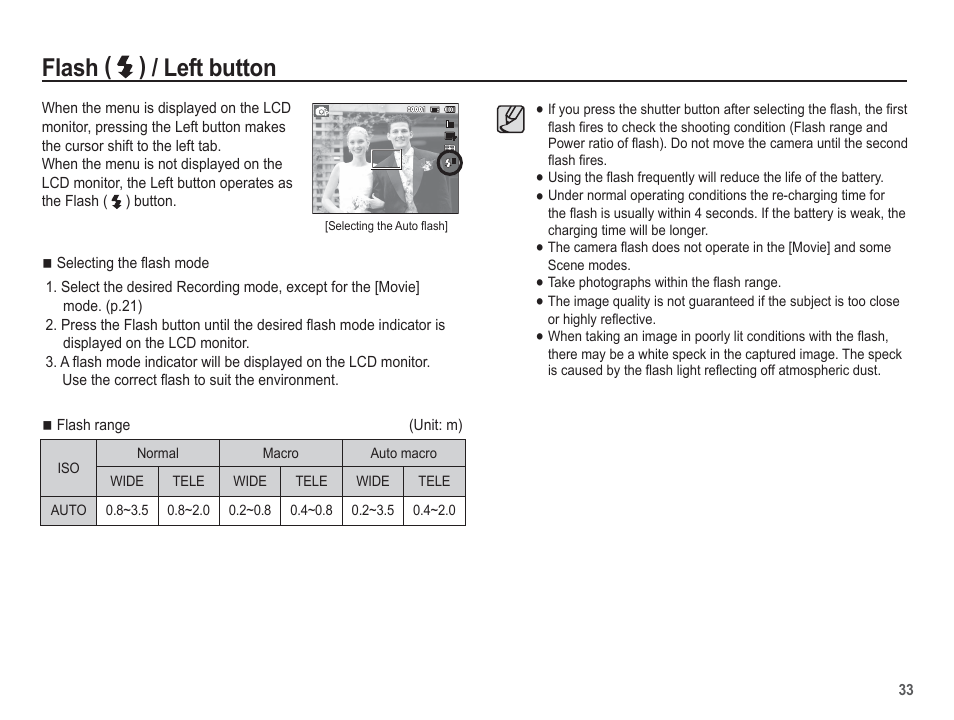 Flash ( ) / left button | Samsung EC-TL105ZBPBUS User Manual | Page 34 / 106