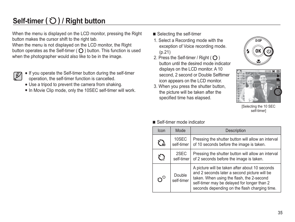 Self-timer ( ) / right button | Samsung EC-TL105ZBPBUS User Manual | Page 36 / 106