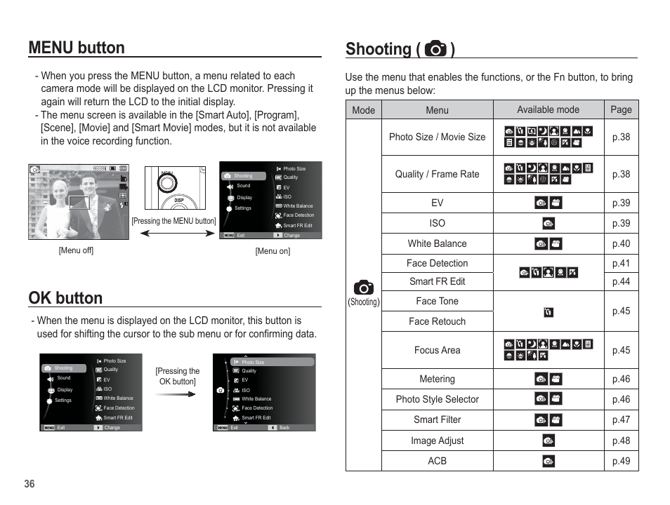 Menu button, Ok button, Shooting ( ) | Samsung EC-TL105ZBPBUS User Manual | Page 37 / 106
