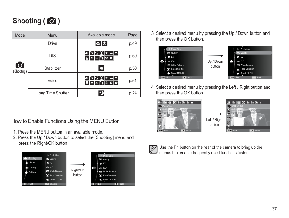 Shooting ( ), How to enable functions using the menu button | Samsung EC-TL105ZBPBUS User Manual | Page 38 / 106