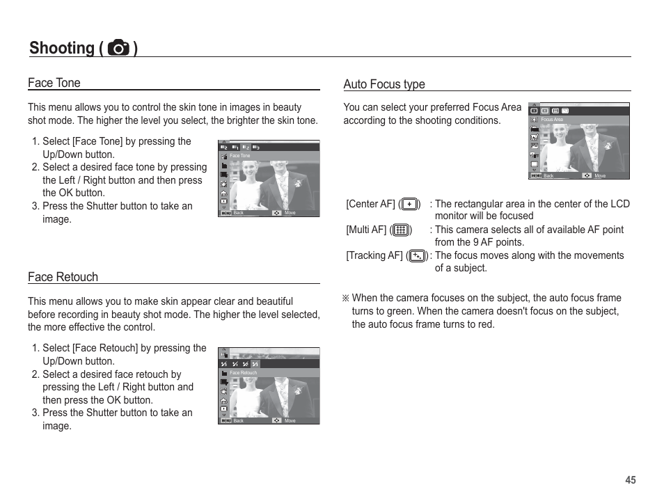 Shooting ( ), Face tone, Face retouch | Auto focus type | Samsung EC-TL105ZBPBUS User Manual | Page 46 / 106