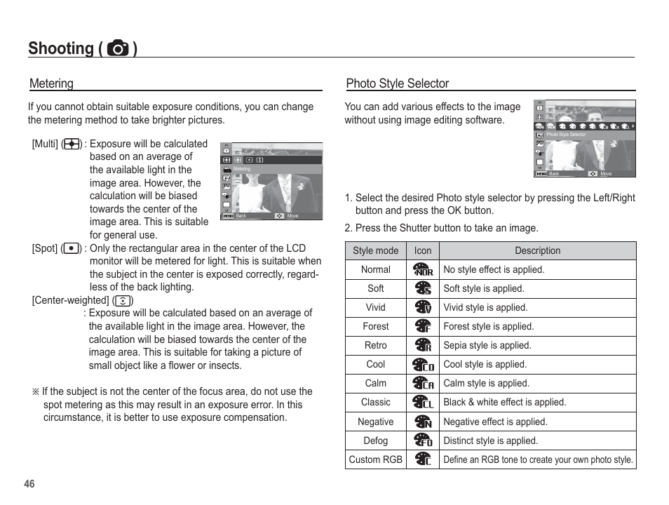 Shooting ( ), Metering, Photo style selector | Samsung EC-TL105ZBPBUS User Manual | Page 47 / 106