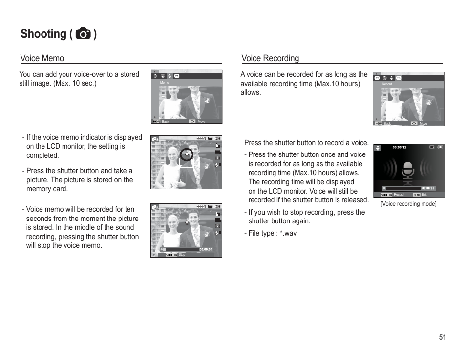 Shooting ( ), Voice recording | Samsung EC-TL105ZBPBUS User Manual | Page 52 / 106