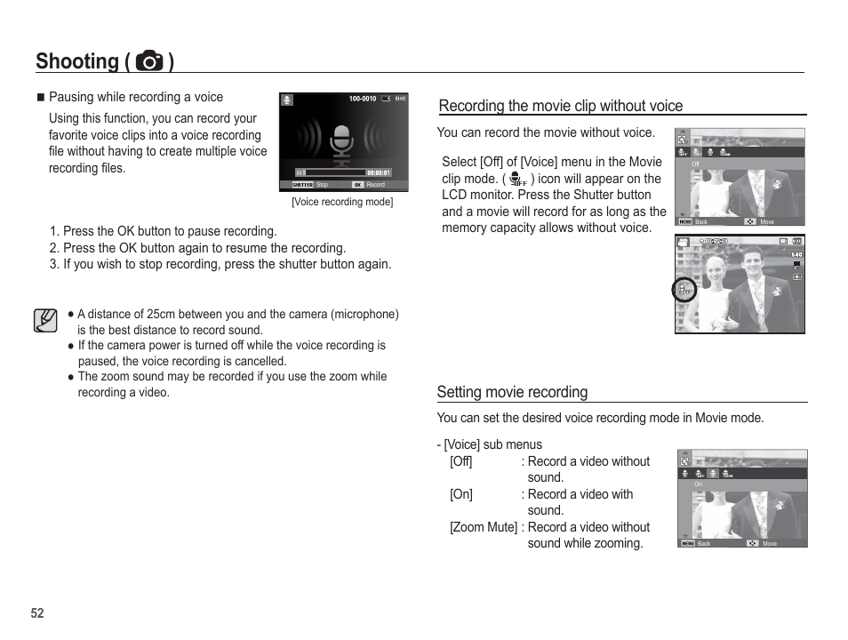 Shooting ( ), Recording the movie clip without voice, Setting movie recording | Samsung EC-TL105ZBPBUS User Manual | Page 53 / 106