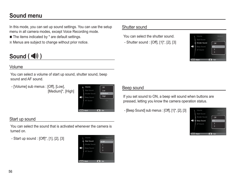 Sound menu, Sound, Volume | Start up sound, Shutter sound, Beep sound | Samsung EC-TL105ZBPBUS User Manual | Page 57 / 106