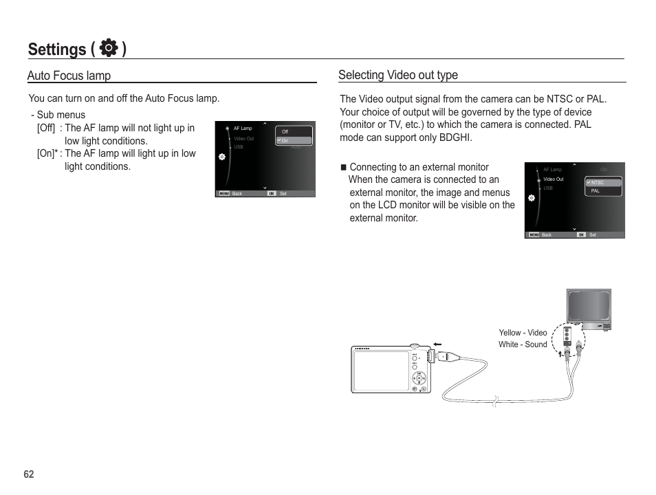 Settings ( ), Selecting video out type, Auto focus lamp | Samsung EC-TL105ZBPBUS User Manual | Page 63 / 106