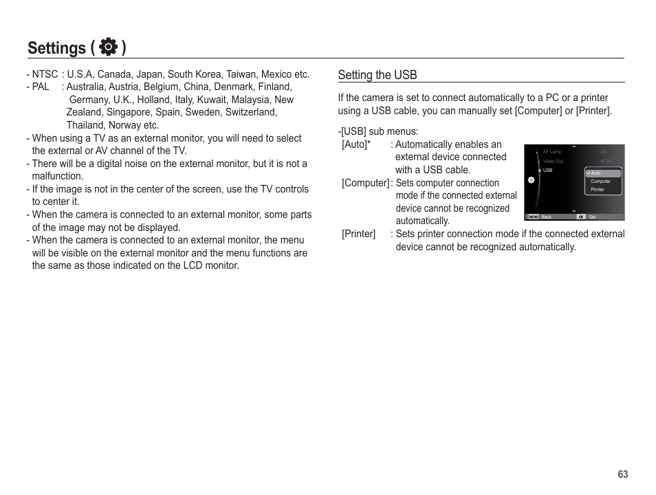 Settings ( ), Setting the usb | Samsung EC-TL105ZBPBUS User Manual | Page 64 / 106