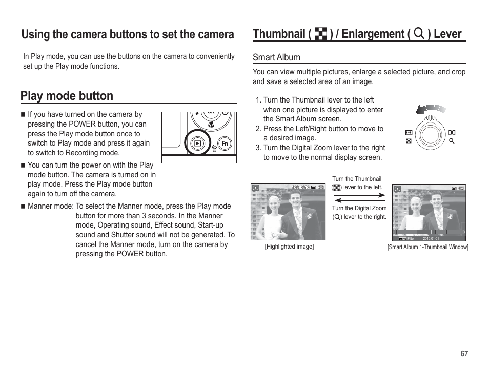 Thumbnail ( º ) / enlargement ( í ) lever, Using the camera buttons to set the camera, Play mode button | Smart album | Samsung EC-TL105ZBPBUS User Manual | Page 68 / 106