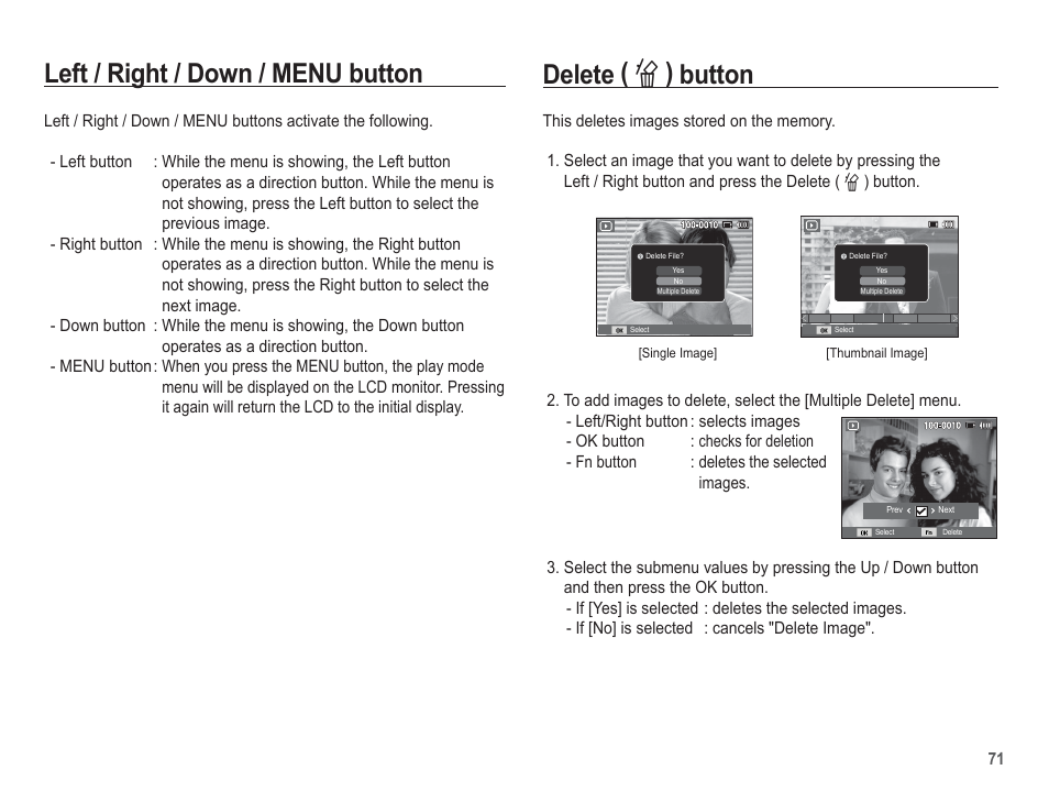 Delete ( õ ) button, Left / right / down / menu button | Samsung EC-TL105ZBPBUS User Manual | Page 72 / 106