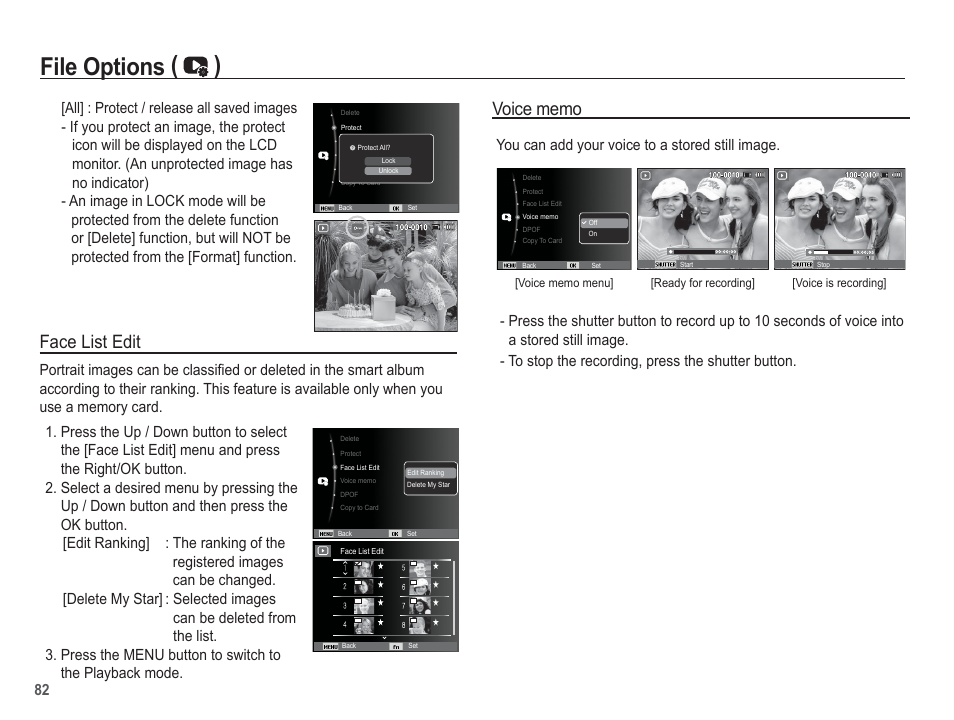 File options ( ), Face list edit, You can add your voice to a stored still image | Samsung EC-TL105ZBPBUS User Manual | Page 83 / 106