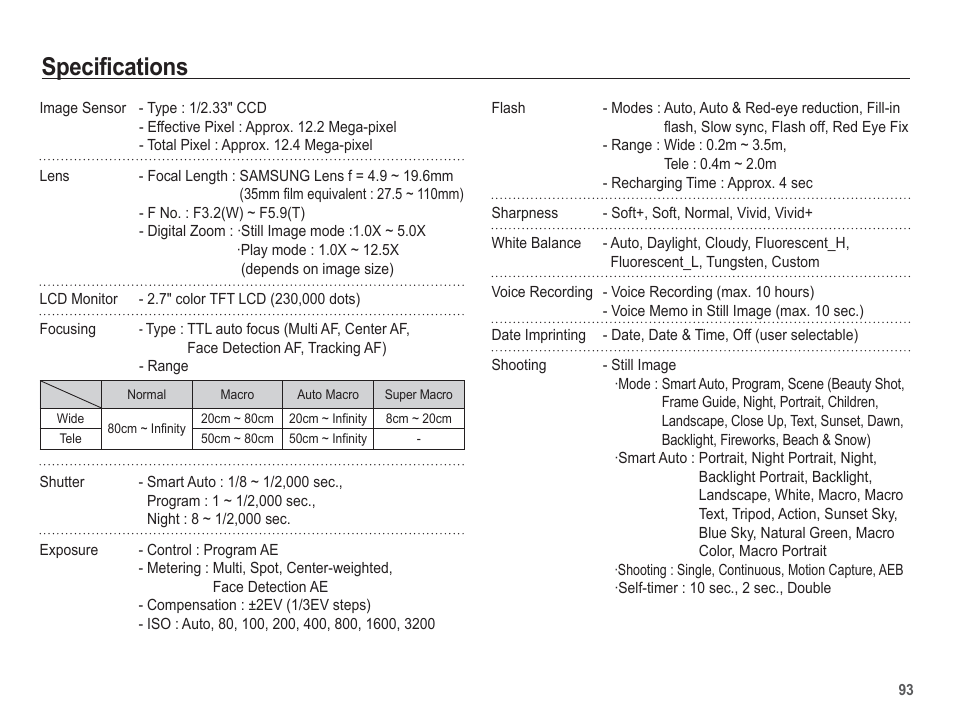 Specifications | Samsung EC-TL105ZBPBUS User Manual | Page 94 / 106