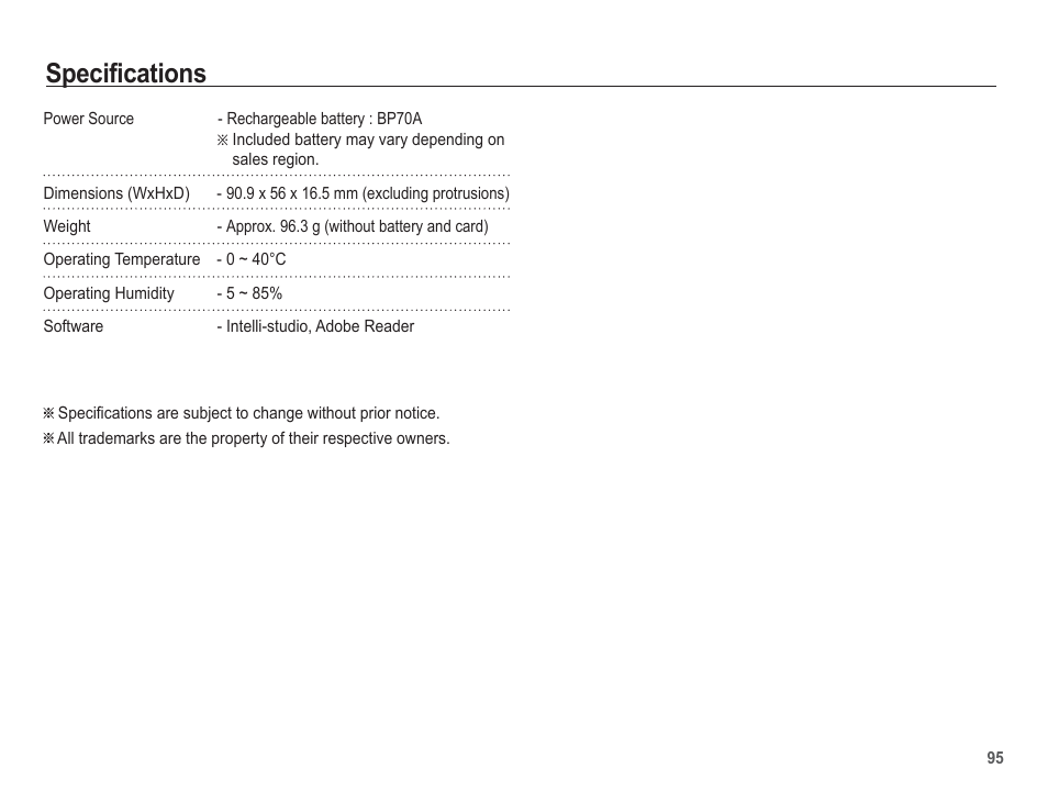Specifications | Samsung EC-TL105ZBPBUS User Manual | Page 96 / 106