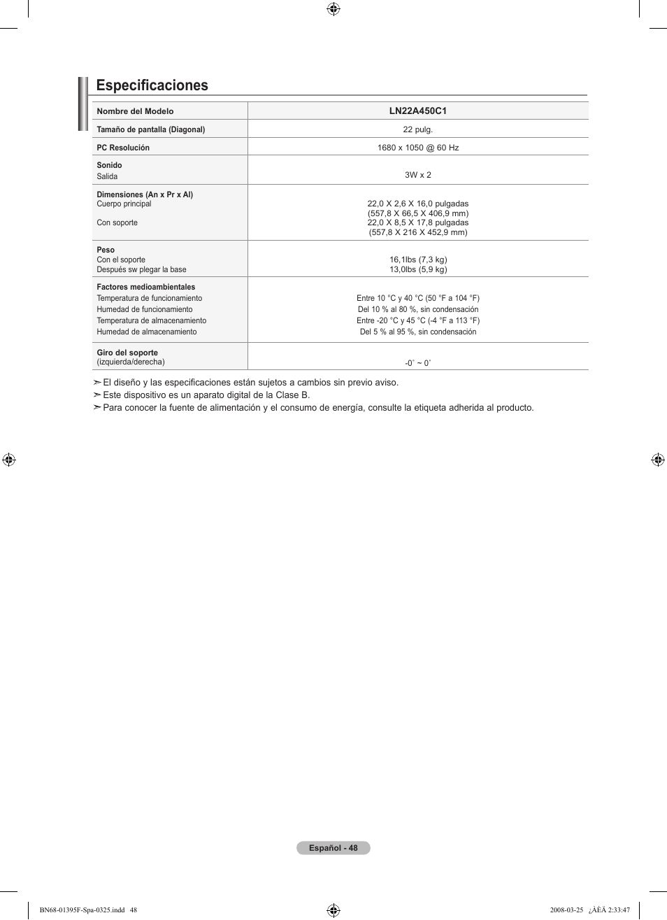 Especificaciones | Samsung LN22A450C1XZP User Manual | Page 100 / 101