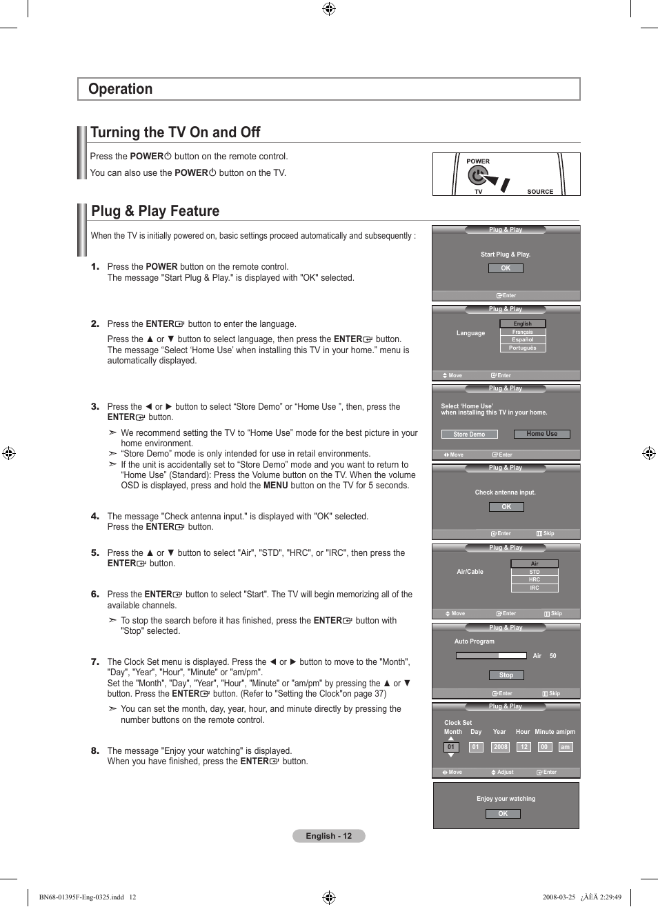 Operation, Turning the tv on and off, Plug & play feature | Operation plug & play feature | Samsung LN22A450C1XZP User Manual | Page 14 / 101