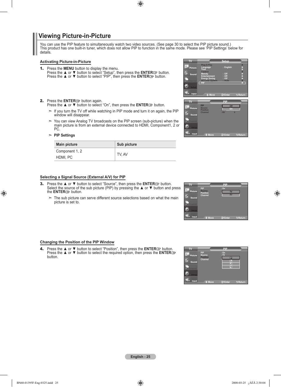 Viewing picture-in-picturemove, Viewing picture-in-picture | Samsung LN22A450C1XZP User Manual | Page 27 / 101