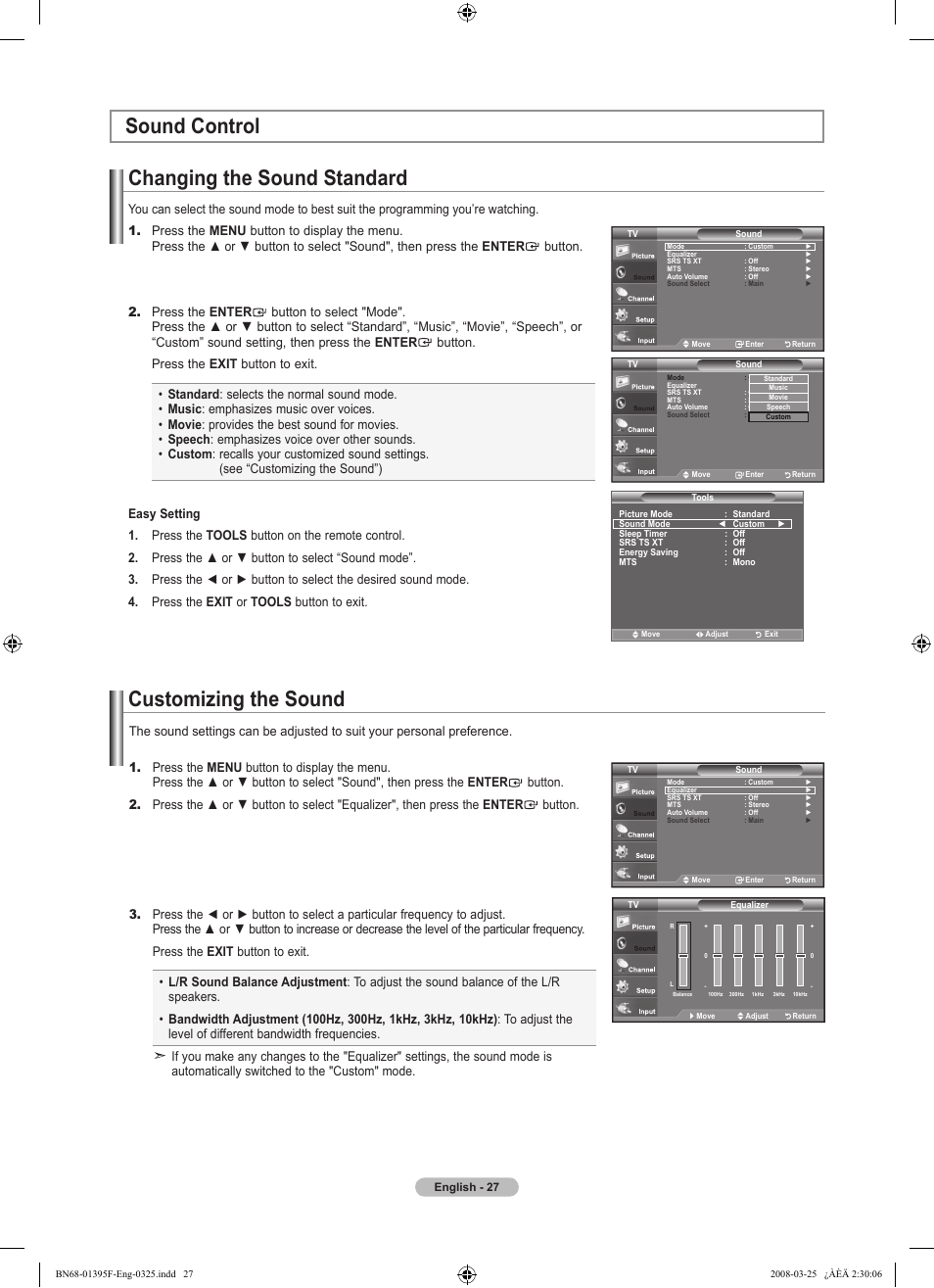 Sound controlmove, Changing the sound standard, Customizing the sound | Sound control | Samsung LN22A450C1XZP User Manual | Page 29 / 101