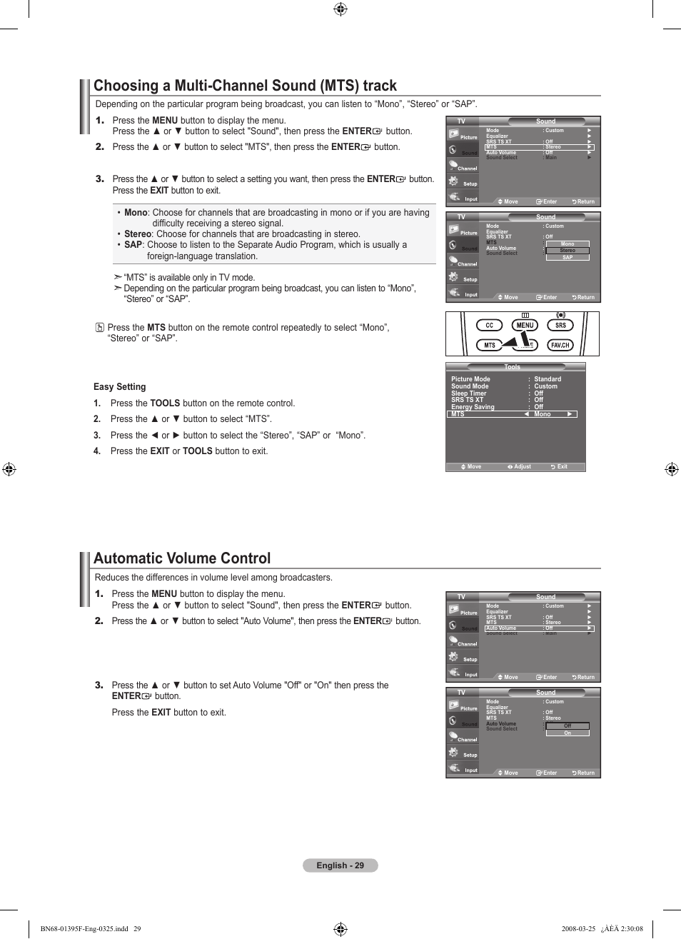 Choosing a multi-channel sound (mts) track, Automatic volume control | Samsung LN22A450C1XZP User Manual | Page 31 / 101