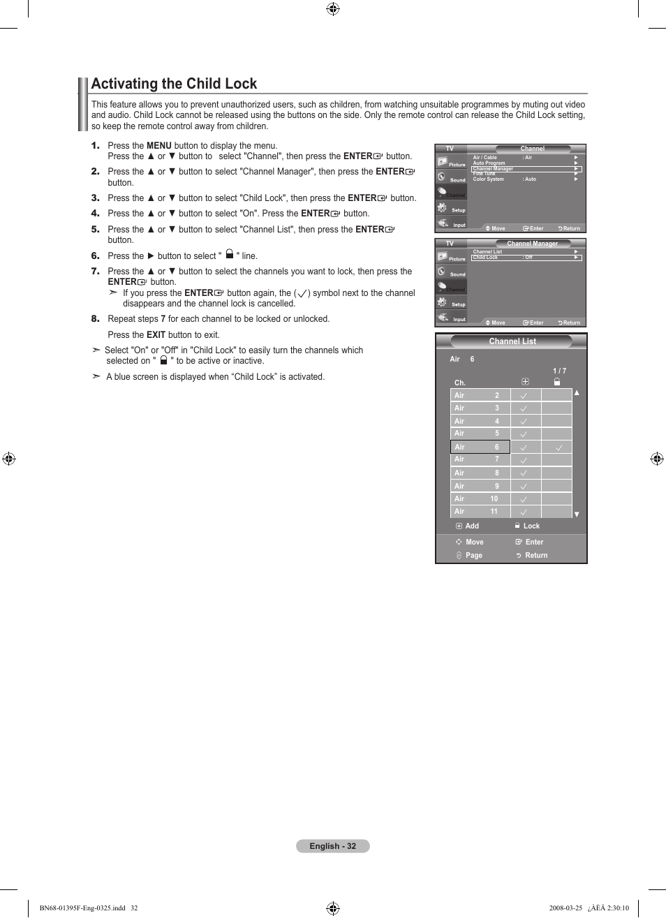 Activating the child lock | Samsung LN22A450C1XZP User Manual | Page 34 / 101