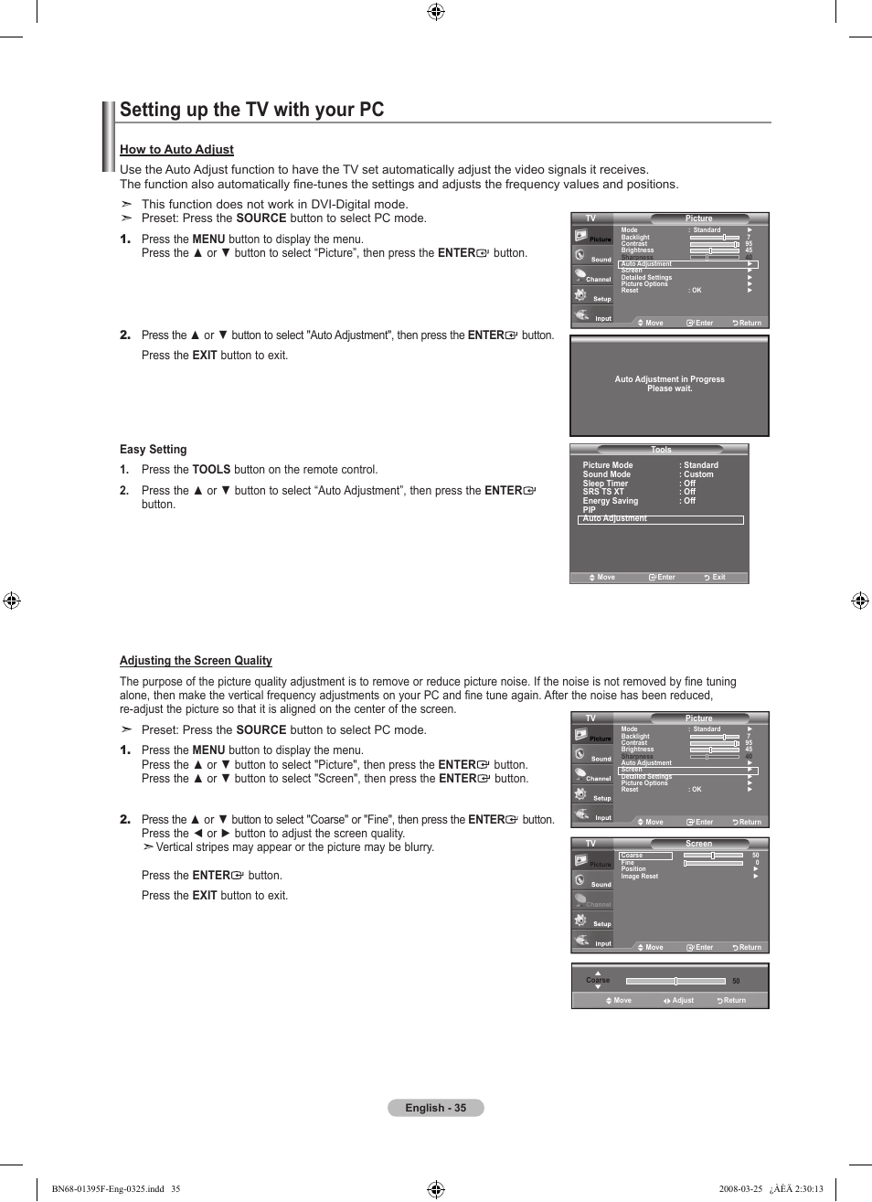 Setting up the tv with your pc, This function does not work in dvi-digital mode | Samsung LN22A450C1XZP User Manual | Page 37 / 101