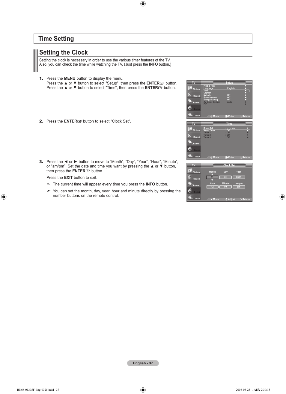 Time setting, Setting the clock | Samsung LN22A450C1XZP User Manual | Page 39 / 101