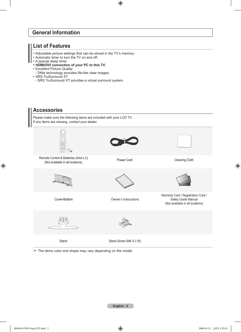 General information, List of features, Accessories | General information list of features | Samsung LN22A450C1XZP User Manual | Page 4 / 101